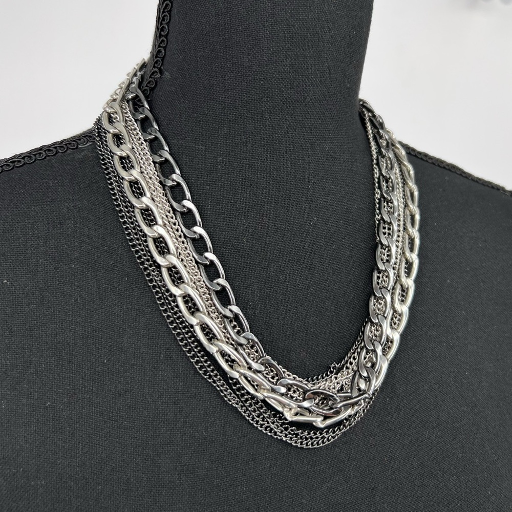 Layered Mixed Metal Chain Necklace Multi Strand Gunmetal Silver Edgy Punk Goth - Picture 9 of 15